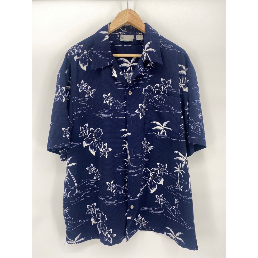 Island Shores Hawaiian Shirt Mens Large Navy Blue Excellent Tropical Palm Tree